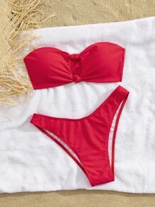SHEIN Swim 女款純色抹胸鏤空性感比基尼泳衣套裝，無鋼圈，適合夏季海灘度假 - 紅色 - 查看 3