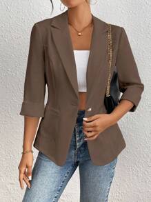 Franclia Plain Simple Style Casual Office Blazer Jacket, Spring And Summer Maillard Style Clothes For University - Coffee Brown - View 5