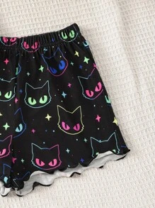 SHEIN Dozemod Kids Young Girl Cartoon Glow In The Dark Kitty Print Camisole & Shorts Knit Comfortable Casual Black Pajama Set, 2 Pieces - Black - View 4
