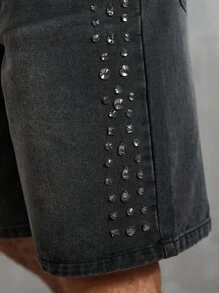 Manfinity Homme Pantaloncini di jeans cargo da uomo di colore solido decorati con diamanti