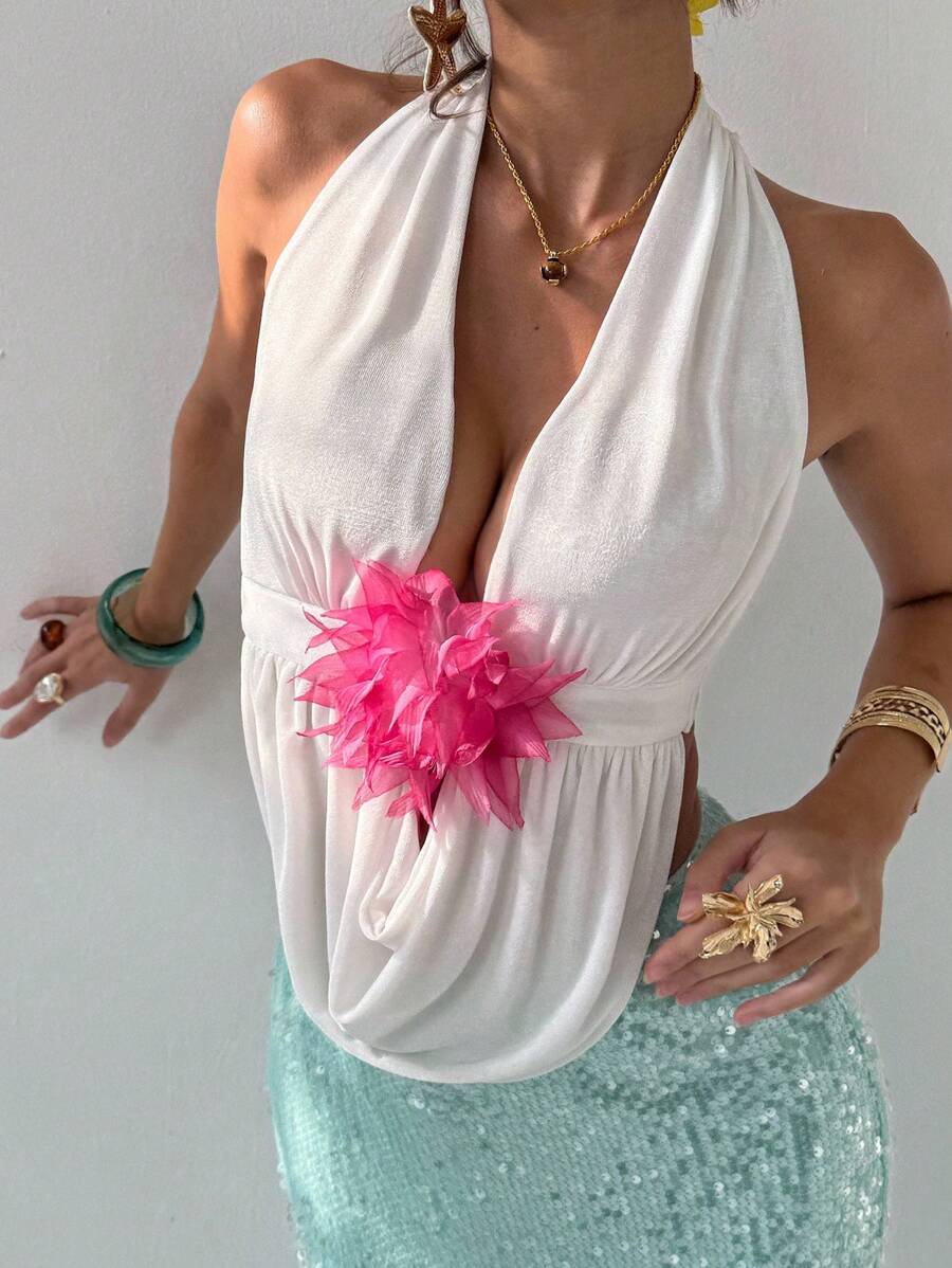 Aloruh Backless Tie Bow Neck Floral Print Elegant Vacation Tank Top - White - View 1