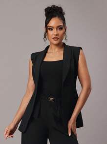 Silquee Chaleco sin mangas de oficina o para ir al trabajo, de unicolor simple, con cuello redondo y cinturón para mujer - Negro - Ver 7