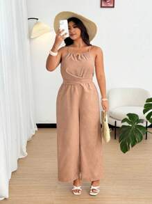 SHEIN PETITE Bộ đồ liền thân ống rộng màu trơn cạp chéo cỡ lớn dành cho nữ - Màu Khaki - Xem 7