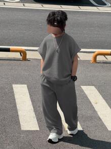 Tween Boy 休闲韩版宽松纯色杏色背心和裤子套装，适合通勤、上学、日常休闲装、运动，适合春夏季、度假