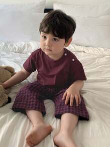 Hapijoa Toddler Boys Round Neck Short Sleeve T-Shirt And Plaid Pants 2 Piece Home Outfit, Summer - Red - View 6