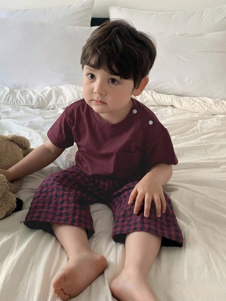 Toddler Boys Round Neck Short Sleeve T-Shirt And Plaid Pants 2 Piece Home Outfit, Summer