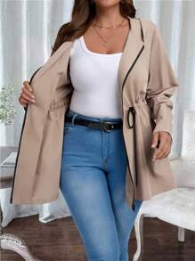 EMERY ROSE Giacca con cappuccio con coulisse in vita e chiusura lampo, tinta unita, casual, per donna taglie forti, adatta per primavera/autunno, leggera, giacca con chiusura lampo per donna, giacca casual per donna taglie forti, adatta per inverno, ufficio, ritorno a scuola, insegnanti, anorak con chiusura lampo per donna