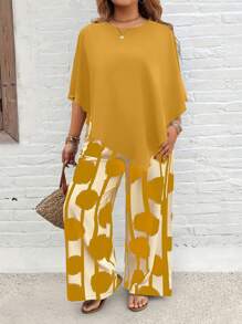 EMERY ROSE Plus Size Vacation Casual Solid Shirt And Striped Circle Print Pants Set - Multicolor - View 4