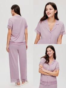 LUVLETTE Bộ đồ ngủ mùa hè cho nữ, chất liệu 100% cotton nguyên chất, thoáng khí, màu hồng tím nhạt, phối ren thanh lịch, kiểu dáng rừng sương, gồm áo ngắn tay cài cúc và quần dài, kiểu dáng thoải mái, thoáng mát, có túi, thích hợp cho không gian sống lãng mạn và ấm cúng tại nhà. - Màu tím - Xem 3