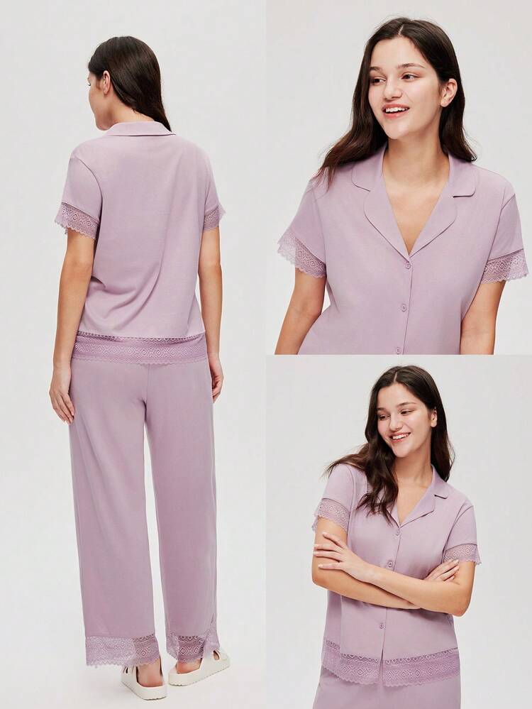 Cotton Lace Trim Short-Sleeve Button-Up Top & Pants Loungewear Pajama Set