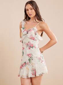 L'Amorae Vestido de verano elegante con estampado floral all-over, escote asimétrico, volantes y sin mangas, de gasa, para mujer