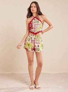 L'Amorae شورت إجازة ربيعية صيفية تريبويكال بطباعة مشرط مع تفاصيل زخرفة موجية - متعدد الألوان - مشاهدة 3