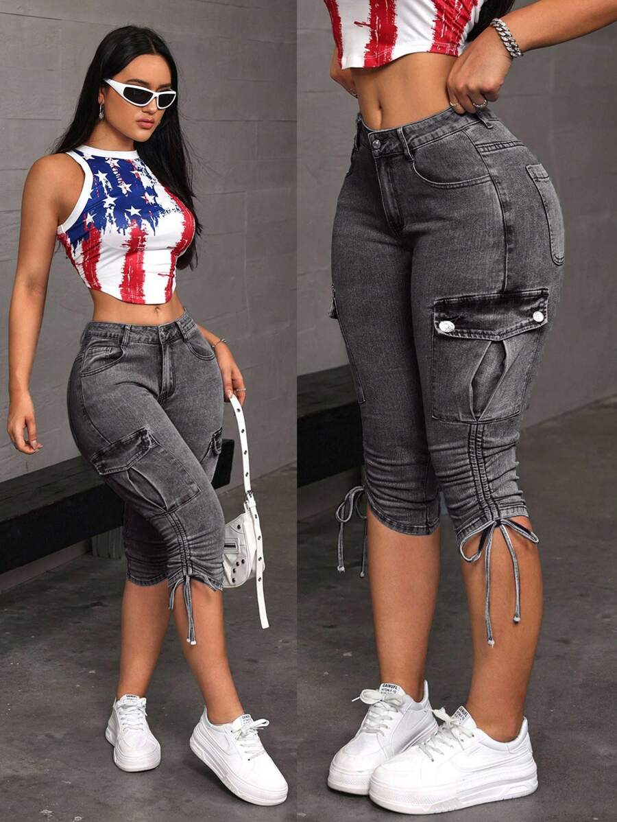 SHEIN EZwear 女式休闲水洗侧抽绳修身工装牛仔裤 - 淺灰色 - 查看 1