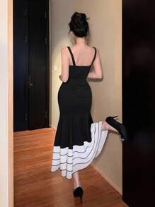 DAZY Elegant Square Neck Sleeveless Mermaid Hem Midi Dress For Women