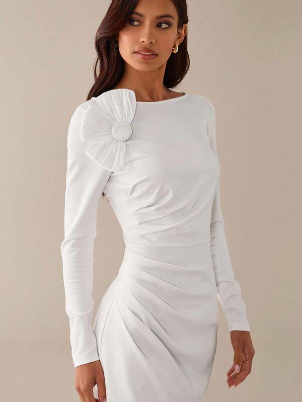 Lilora Women's Elegant 3D Flower Solid Color Graceful Long Sleeve Dress