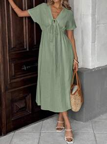 SHEIN LUNE Robe mi-longue à manches courtes casual avec nœud, couleur abricot, pour femmes