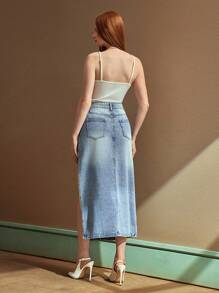 SHEIN EZwear 女式新款水钻高开衩修身优雅牛仔裙，适合所有季节 - 藍色 - 查看 2