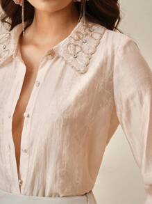 Anewsta Ladies' Independence Day In Spring And Summer, The New Small Fragrance Lace Heavy Craft Collar Custom Hand Beaded Embroidery Cute Long-Sleeved Pink Shirt Top. - Pink - View 3