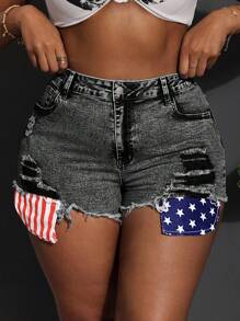 Slaydiva Plus Size Sexy Slim Fit Elastic Denim Shorts, Summer USA 4th Of July - Black - View 1