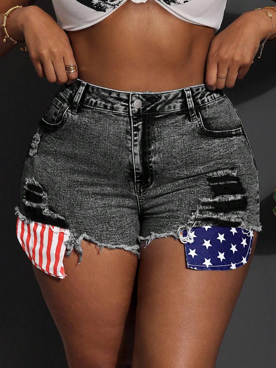 Slaydiva Plus Size Sexy Slim Fit Elastic Denim Shorts, Summer USA 4th Of July - Black - View 1