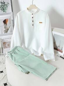 2 件套青少年男孩正装 - 白色中式立领长袖衬衫 + 休闲长裤，绅士西装套装，适合外出、街头装、学校装、生日派对、日常休闲装、婚礼、婚礼嘉宾装、花童装、戒童装 - 彩色 - 查看 4