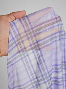 Elamini Women's Casual Summer Vacation Asymmetrical Neck Sleeveless Blue Plaid Halter Neck Flowy Chiffon Blouse - Mauve Purple - View 6