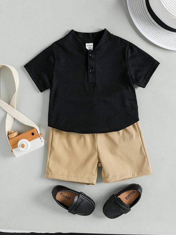 SHEIN Baby Boy 2-Piece Outfit: Elegant Minimalist Stand Collar Short Sleeve T-Shirt And Contrast Color Pants Set, Suitable For Summer
