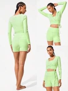 GLOWMODE FeatherFit™ Tie Waist Wrap V Neck Cropped Long Sleeve Top Low Impact Yoga Daily Summer