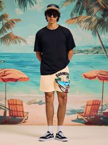 Manfinity KASUA Men's Elastic Waist Drawstring Loose Casual Palm Tree Print Beach Shorts - Pink - View 4
