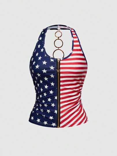 J-Fashion Top de tirantes para mujer con estampado completo de bandera americana y detalles de strass, estilo vintage milenio Harajuku Y2K