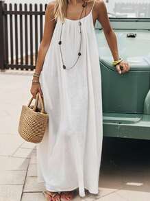 Solid Color Deep V-Back Pleated Maxi Casual Cami Dress