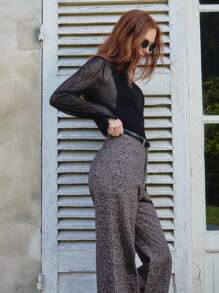 lacRébo 棕色豹纹喇叭牛仔裤，高腰纯棉猎豹印花裤，办公室服装秋冬 - 彩色 - 查看 5