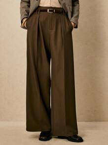 Poéselle 女士简约办公室 OL 纯色宽松百褶口袋休闲裤 - 深灰色 - 查看 4