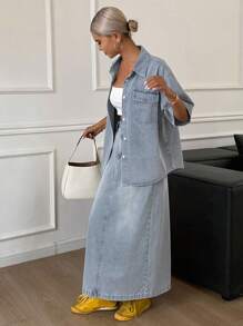 Livesso Women Summer Short Sleeve Shirt & Denim Skirt 2-Piece Set - Blue - View 5