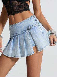 Jeanoix Falda-pantalón vaquera con hebilla y dobladillo plisado, estilo casual de calle para mujer en verano