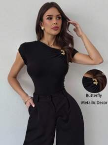 Firerie New Arrival Elegant Modern Asymmetrical Twisted Butterfly Metal Decor Off-Shoulder Fitted Black T-Shirt Top