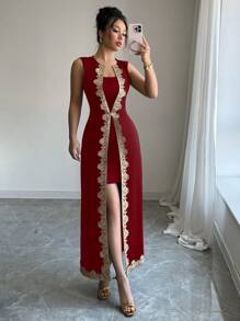 Chiquease فستان أنيق بخصر مشدود وتنورة مطبقة بتطريز دانتيل بدون أكمام، مناسب للارتداء في الربيع والصيف، ملابس صيفية للجامعة