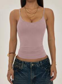 SHEIN PETITE Áo ba lỗ dây mảnh màu trơn thường ngày đa năng cho nữ mùa hè - Màu tím - Xem 3