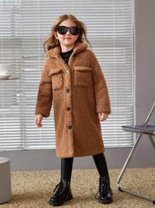 SHEIN Young Girl Casual Coral Fleece Mid-Length Lapel Collar Long Sleeve Coat For Winter