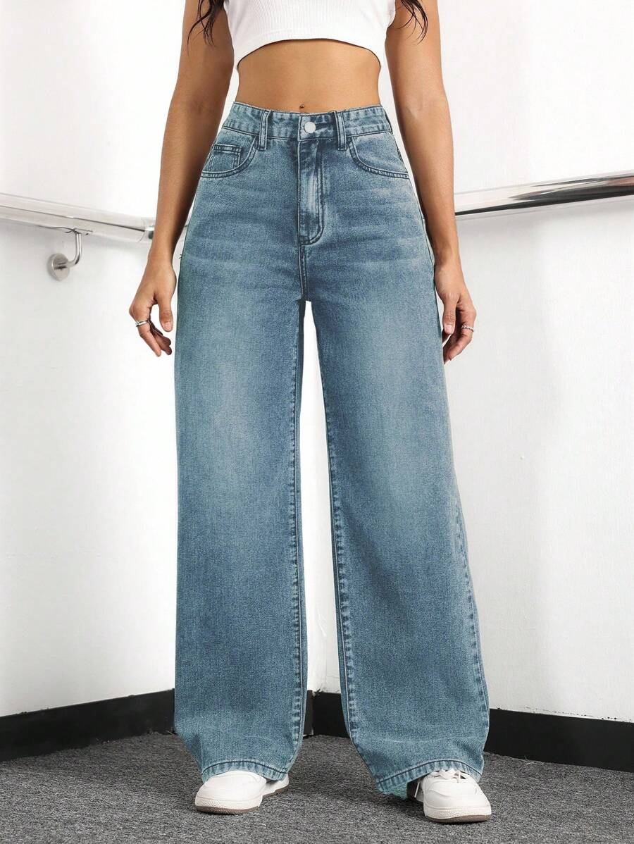 EURMUSE Quần Jeans Denim Dáng Rộng Thường Ngày Cho Nữ Có Túi Bên Hông Và Thiết Kế Ống Rộng - Rửa trung bình - Xem 1