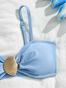 Conjunto de bikini de color liso sencillo para niñas, con adorno de concha, apto para verano, natación, vacaciones y playa