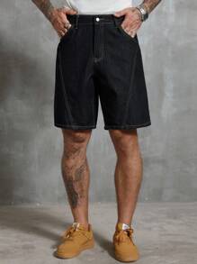 Manfinity Homme Men's Summer Raw Denim Relaxed Loose Split Hem Denim Shorts - Blue - View 5