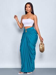 SOLERSUN Women's Fashion Solid Color Gathered Ruched Skirt - Teal Blue - View 6
