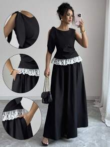 Selianne Women's Body-Shaping Top With Ruffle Hem Splice + A-Line Skirt, 2pcs Set - Black - View 1