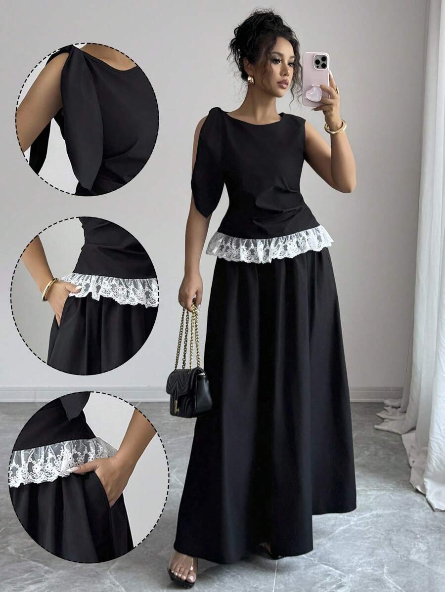 Selianne Women's Body-Shaping Top With Ruffle Hem Splice + A-Line Skirt, 2pcs Set - Black - View 1