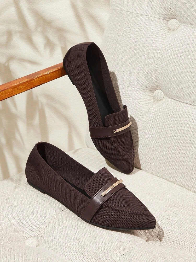 CUCCOO BASICS Women's Pointed Toe Knit Coffee Color Loafers, Elegant Commuting Versatile Suitable For Street, Office, Outdoor Flat Shoes For Christmas Spring Shoes