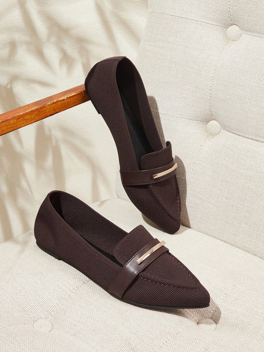 CUCCOO BASICS Women's Pointed Toe Knit Coffee Color Loafers, Elegant Commuting Versatile Suitable For Street, Office, Outdoor Flat Shoes For Christmas - Coffee Brown - View 1