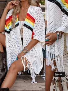 LanaWest Cardigan Casual Feminino de Tricô Aberto Fino com Listras Arco-íris e Vazado - Damasco - Visão 1