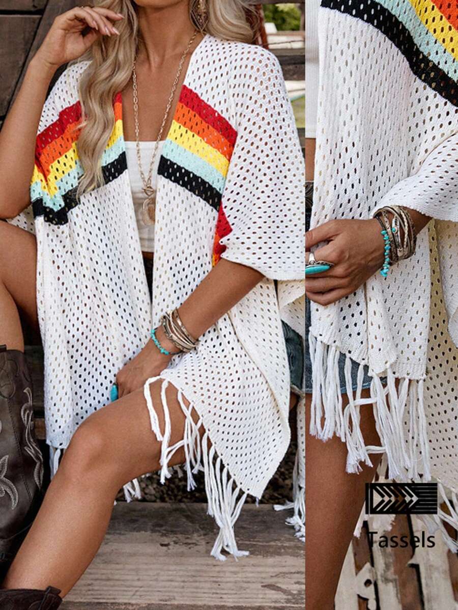 LanaWest Cardigan Casual Feminino de Tricô Aberto Fino com Listras Arco-íris e Vazado - Damasco - Visão 1