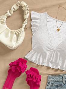 Soleia WYWH Women Vacation Eyelet Embroidery Ruffle Trim Crop White Top Top - White - View 6